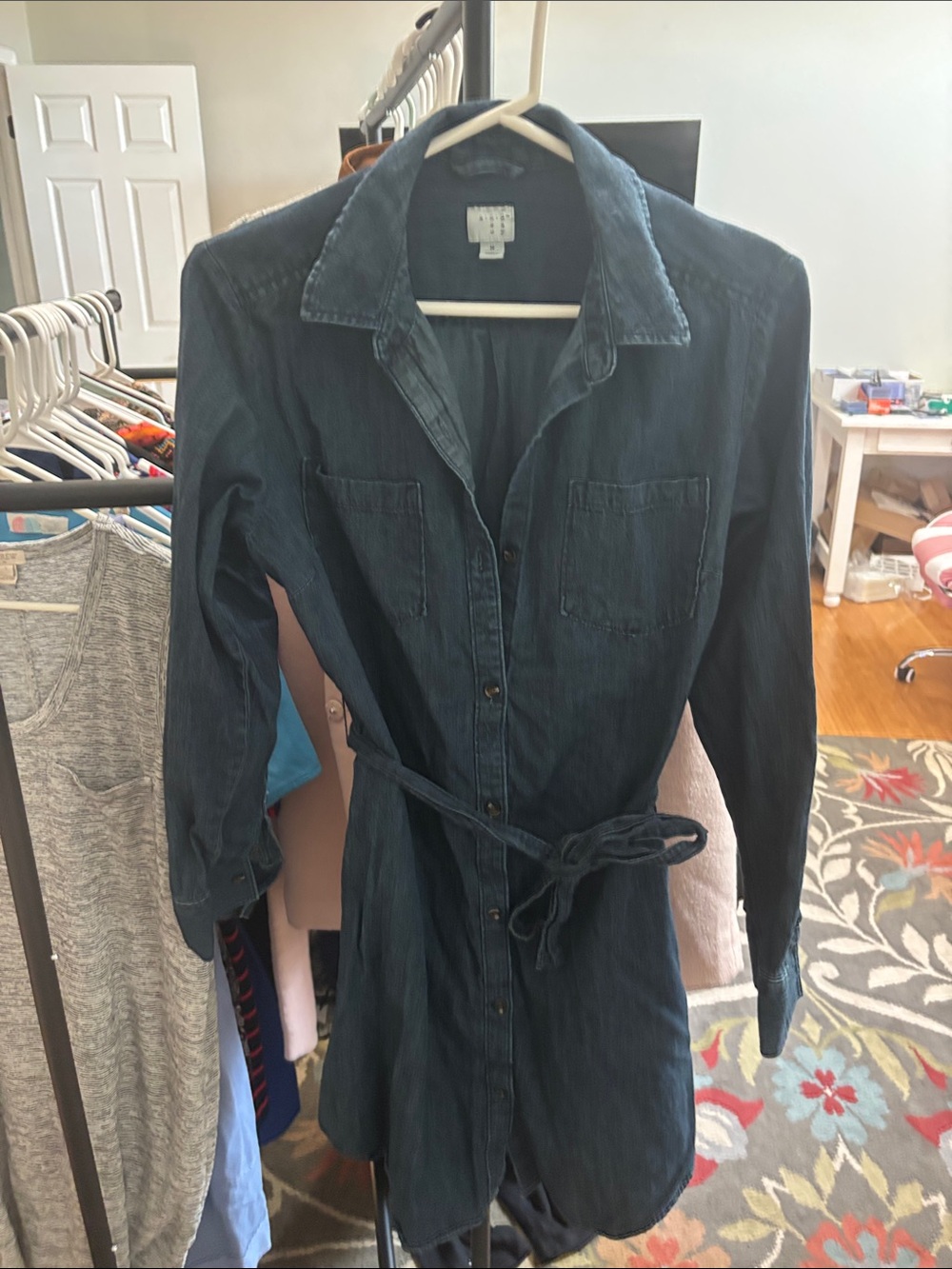Dark Teal Button-Up Shirt Dress with Waist Tie